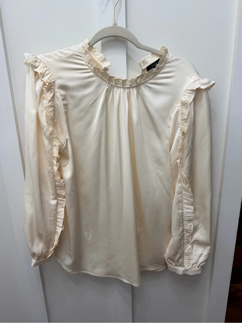 J Crew ruffle sleeve blouse in satin crepe size L